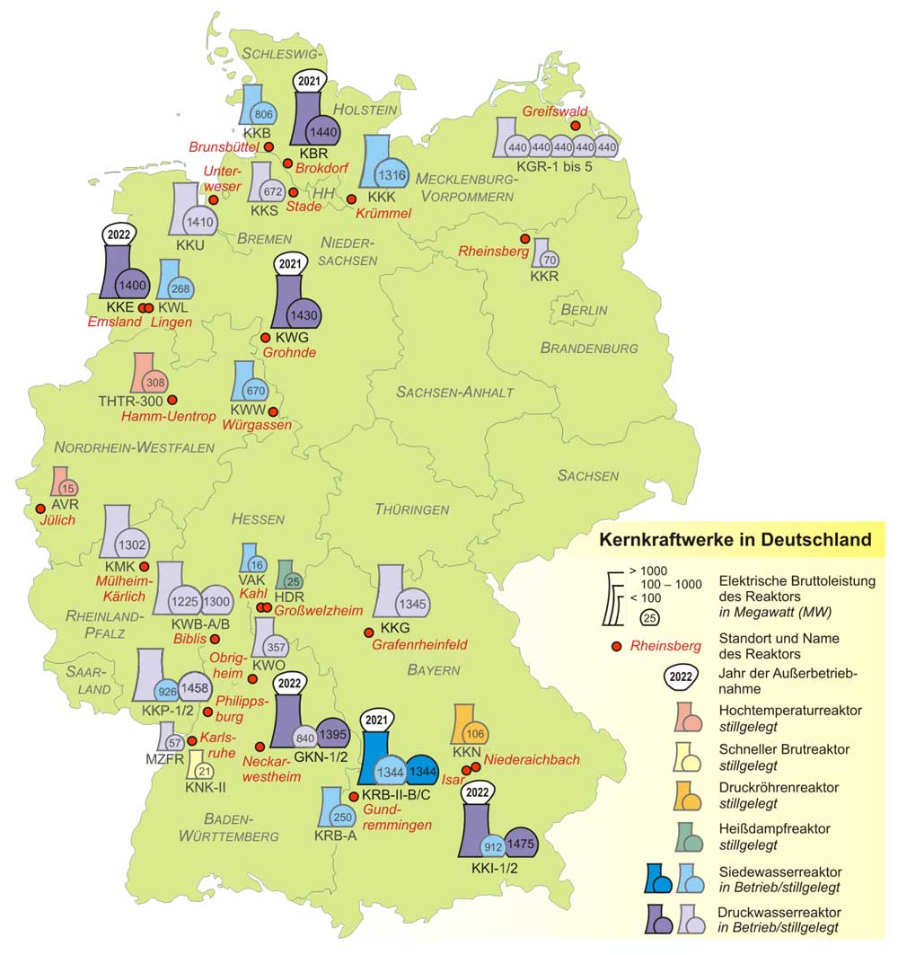 Atomkraftwerke in Deutschland (Stand 2015); Grafik: Lencer / CC BY-SA 2.5 / Wikimedia Commons