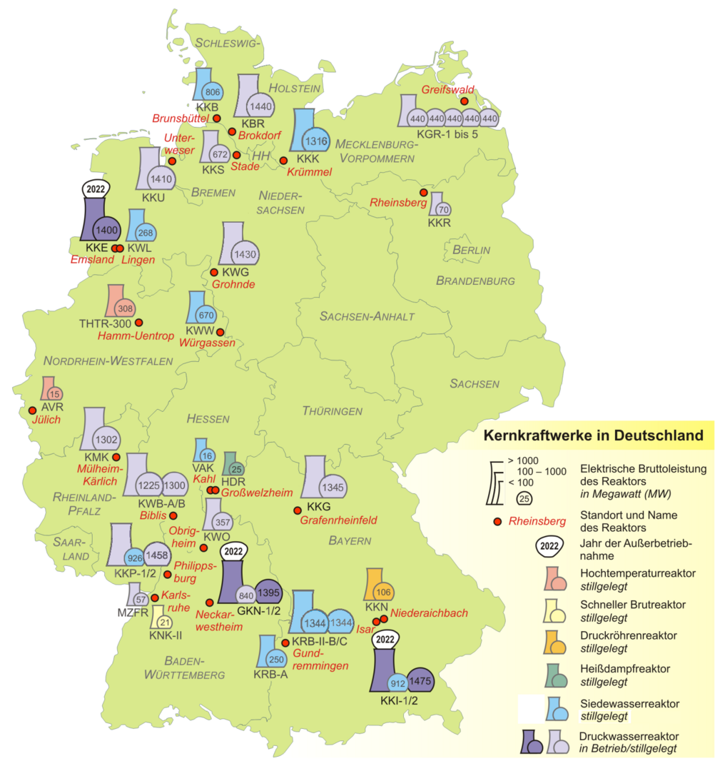 Deutschlandkarte mit Standorten der Kernkraftwerke.