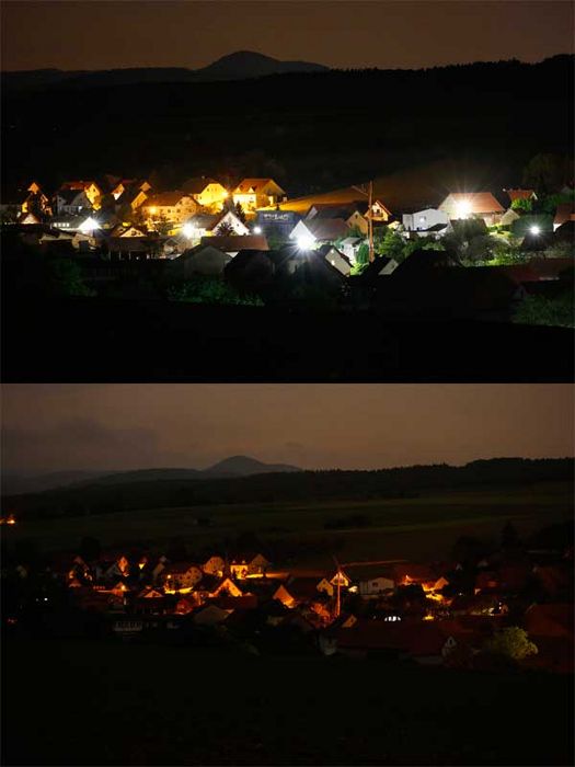Dorfbeleuchtung vor-und nach Beleuchtungsverbesserung 