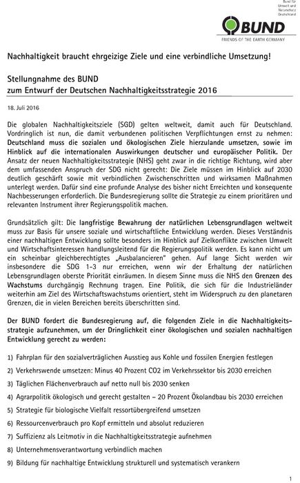 Stellungnahme des BUND zum Entwurf der Deutschen Nachhaltigkeitsstrategie 2016