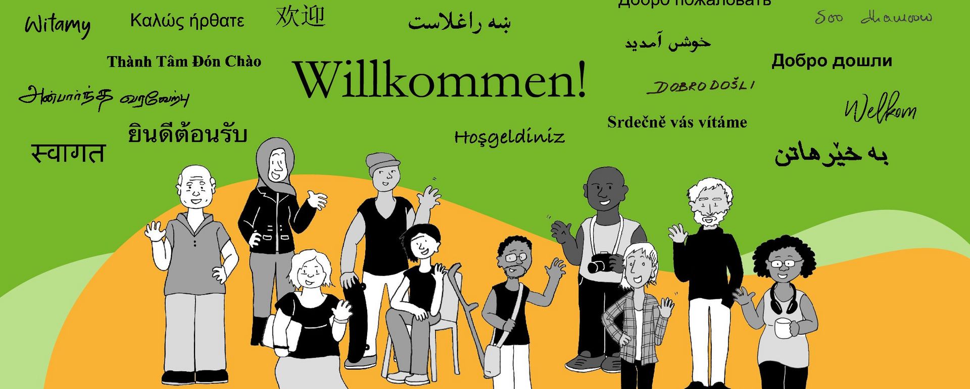 Vielfältige Gruppe von Menschen, Wort "Willkommen" in vielen verschiedenen Sprachen