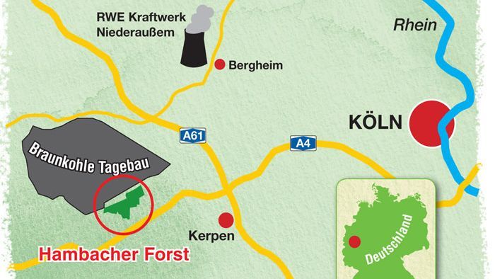 Der Hambacher Wald ist bereits zu großen Teilen dem Tagebau zum Opfer gefallen. Grafik: BUND