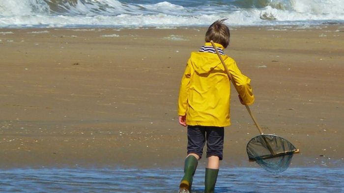 Ein Kind in einer Regenjacke steht mit dem Rücken zur Kamera am Strand und hält ein Fischernetz in der Hand. 