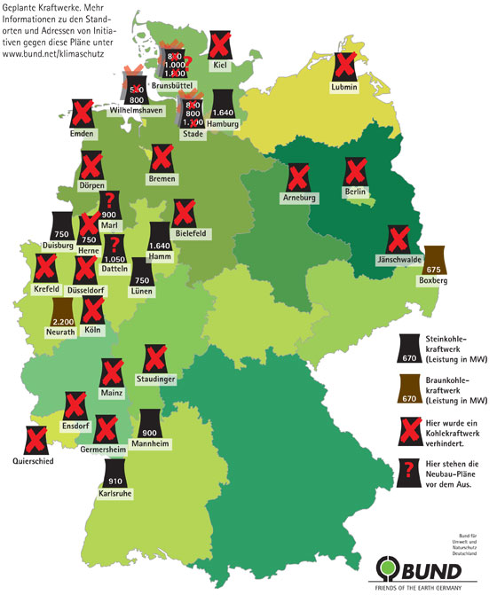 Karte: Geplante Kohlekraftwerke in Deutschland