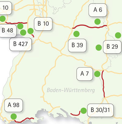 Karte: Fernstraßenplanung und Alternativanmeldungen in Baden-Wuerttemberg
