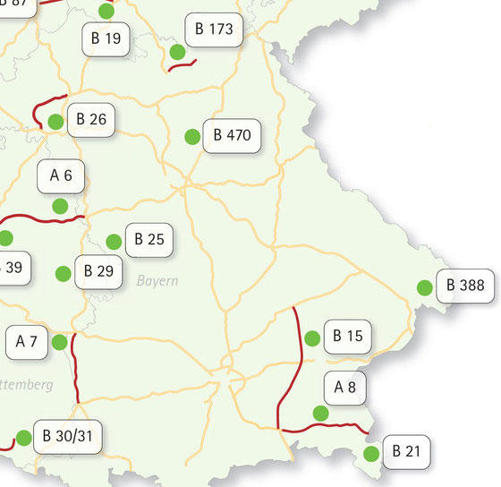 Karte: Fernstraßenplanung und Alternativanmeldungen in Bayern