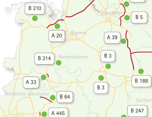 Karte: Fernstraßenplanung und Alternativanmeldungen in Niedersachsen