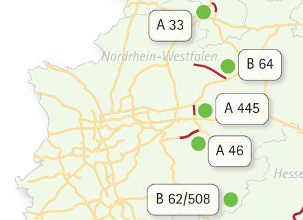 Karte: Fernstraßenplanung und Alternativanmeldungen in NRW